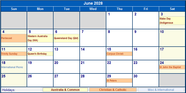 June 2028 Australia Calendar With Holidays For Printing image Format 