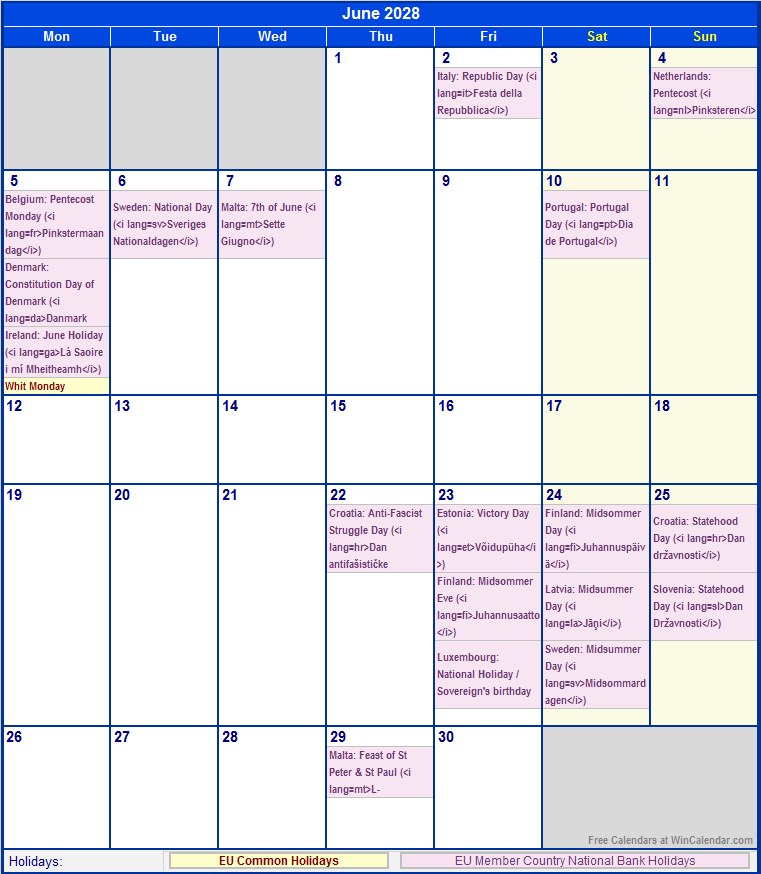 June 2028 EU Calendar With Holidays For Printing image Format 