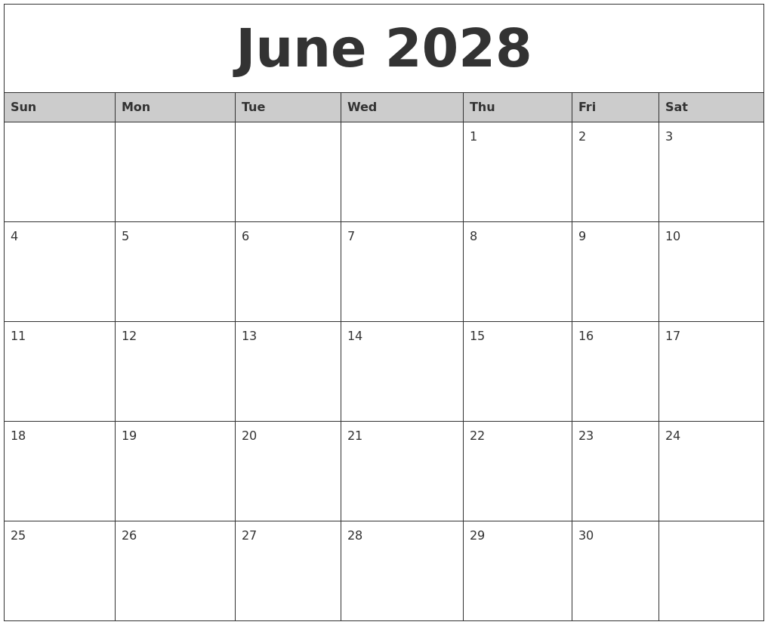 June 2028 Monthly Calendar Printable