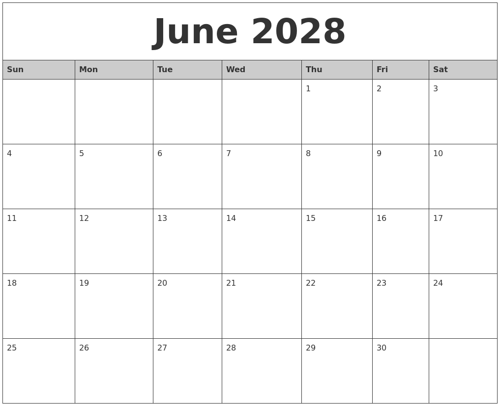 June 2028 Monthly Calendar Printable