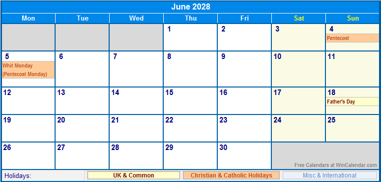 June 2028 UK Calendar With Holidays For Printing image Format 