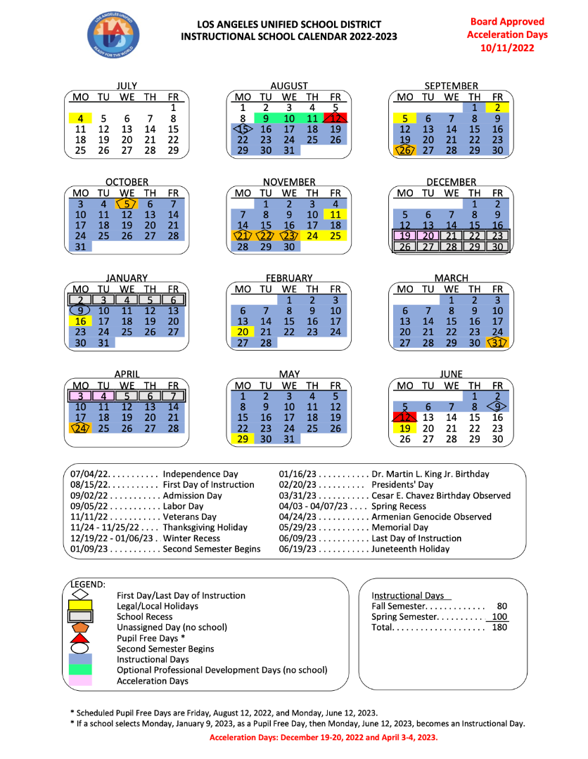 LAUSD Calendar Bell Schedule 4th Street Primary Center Dual 