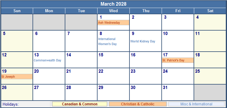 March 2028 Canada Calendar With Holidays For Printing image Format 