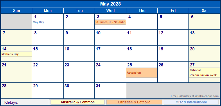 May 2028 Australia Calendar With Holidays For Printing image Format 