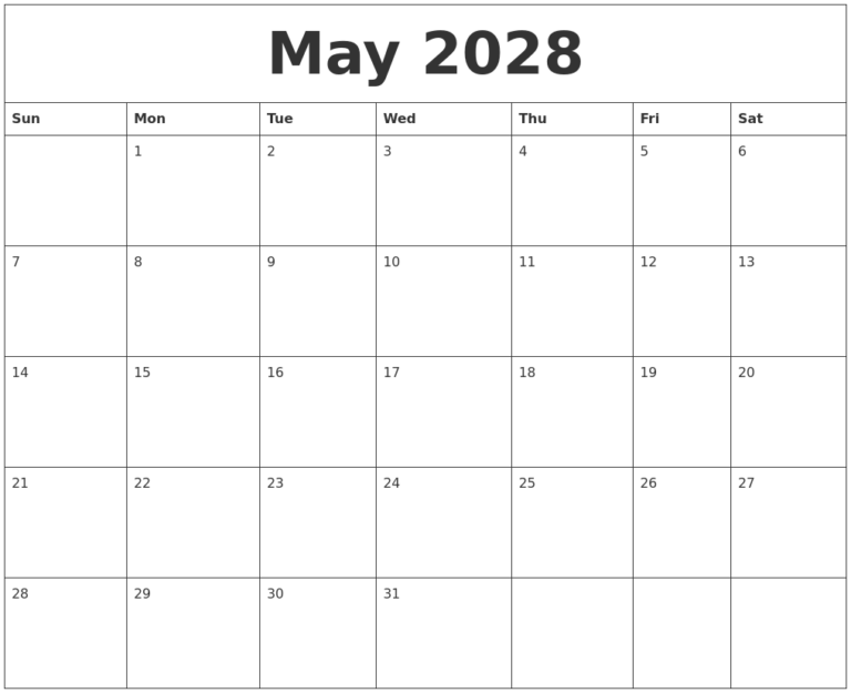 May 2028 Cute Printable Calendar