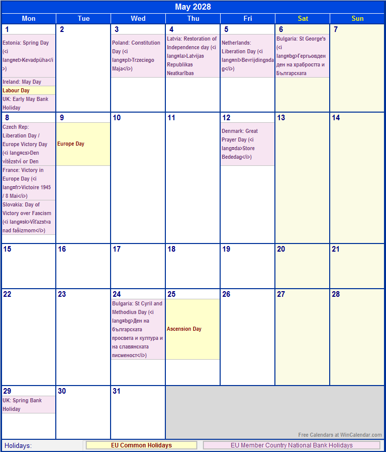 May 2028 EU Calendar With Holidays For Printing image Format