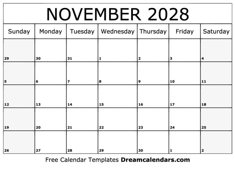 November 2028 Calendar Free Printable With Holidays And Observances