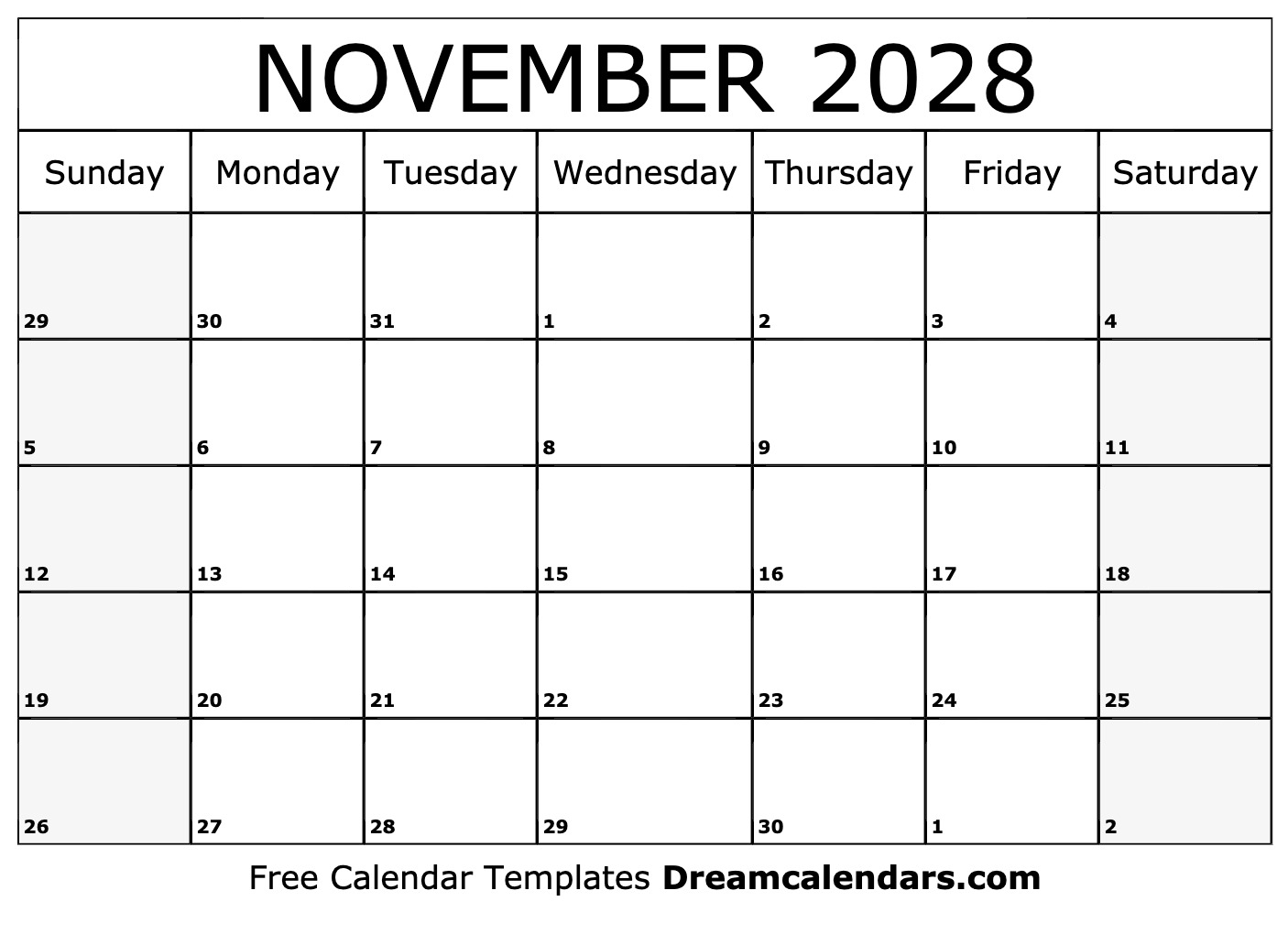 November 2028 Calendar Free Printable With Holidays And Observances