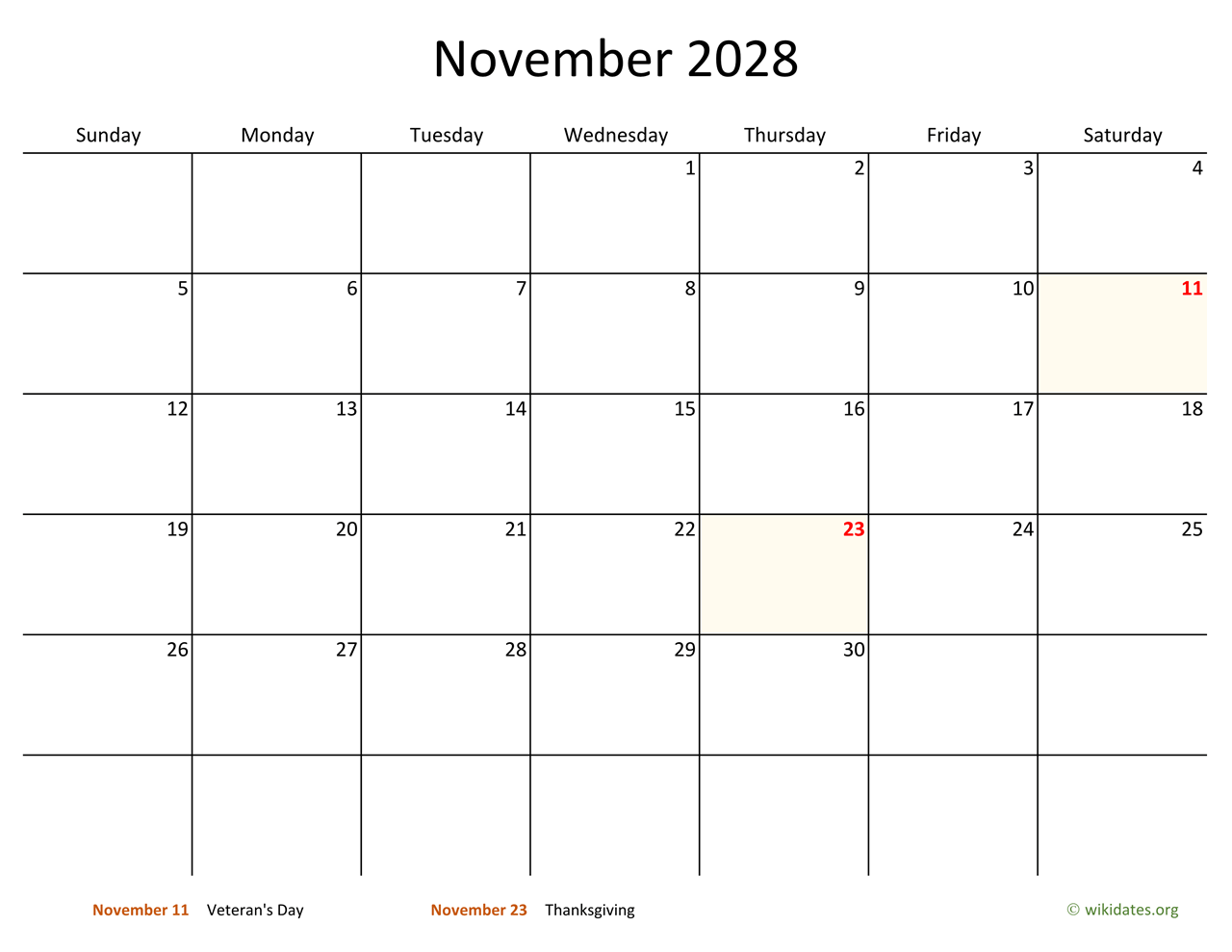 November 2028 Calendar With Bigger Boxes WikiDates