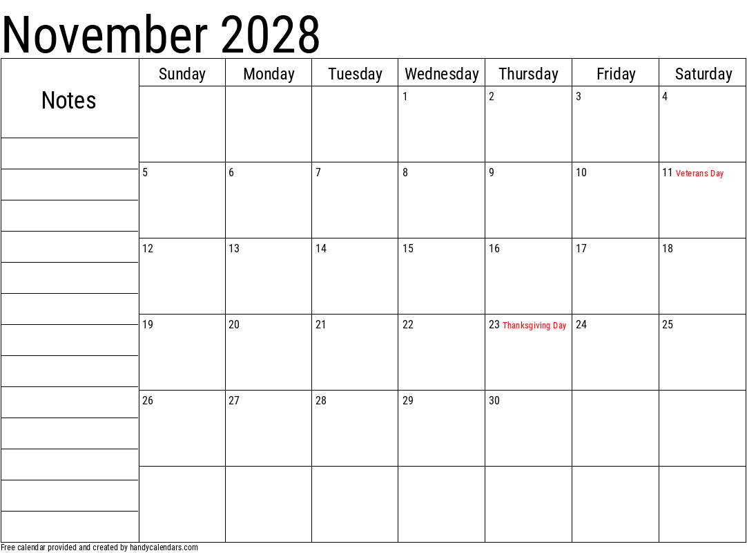 November 2028 Calendar With Notes And Holidays Handy Calendars
