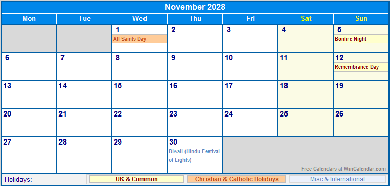 November 2028 UK Calendar With Holidays For Printing image Format 