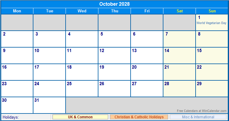 October 2028 UK Calendar With Holidays For Printing image Format