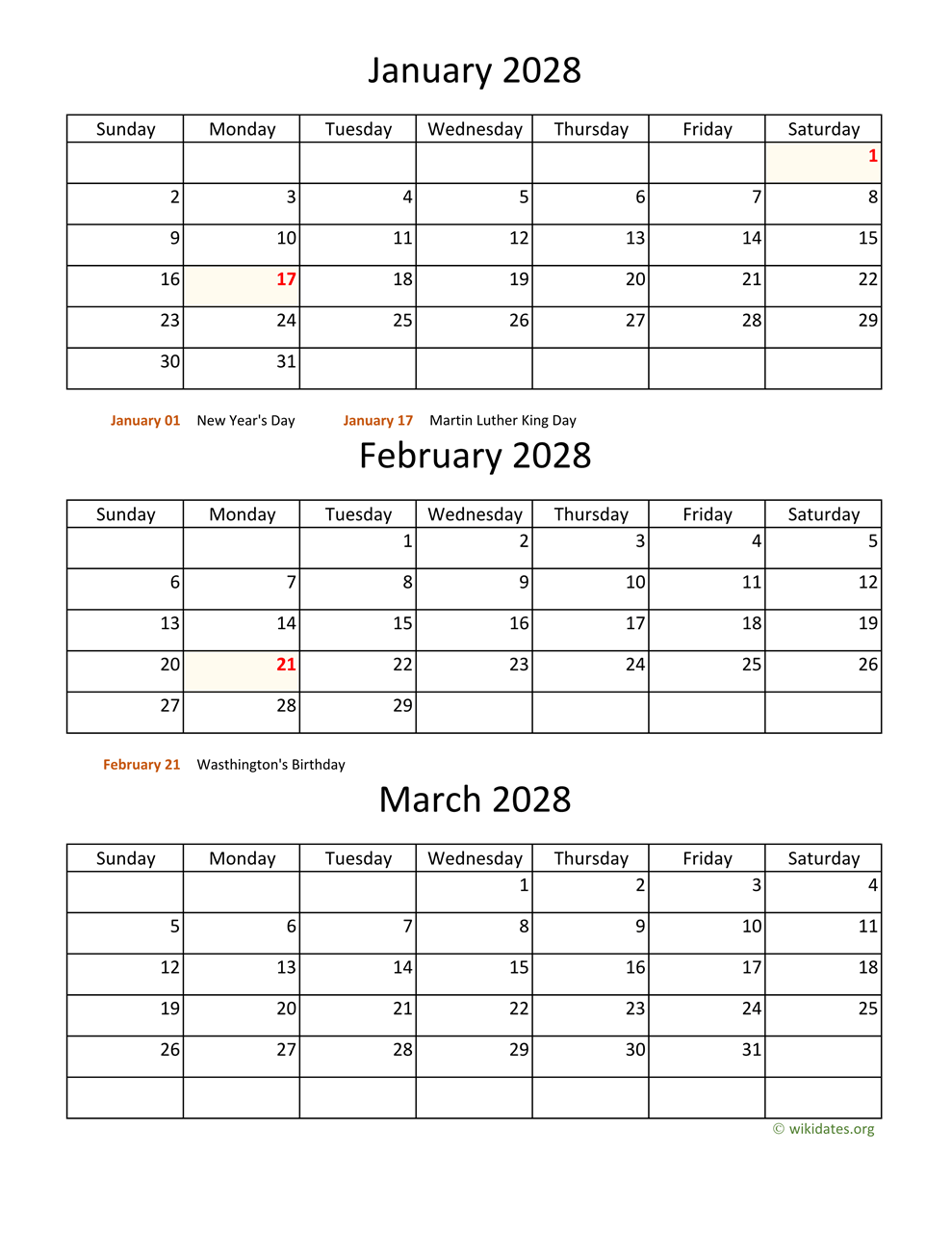 Printable 2028 Calendar WikiDates