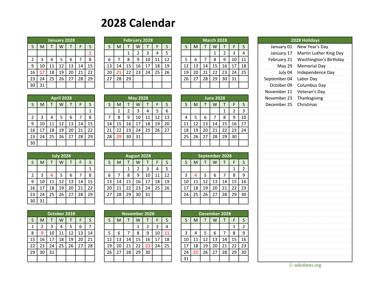 Printable 2028 Calendar With Federal Holidays WikiDates