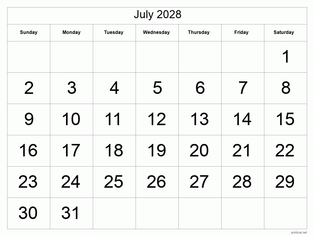 Printable July 2028 Calendar Big Dates
