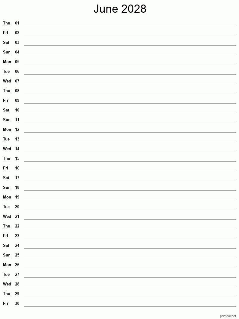Printable June 2028 Calendar Free Printable Calendars
