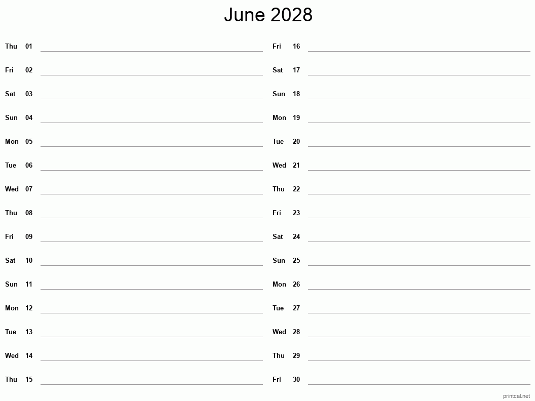 Printable June 2028 Calendar Free Printable Calendars