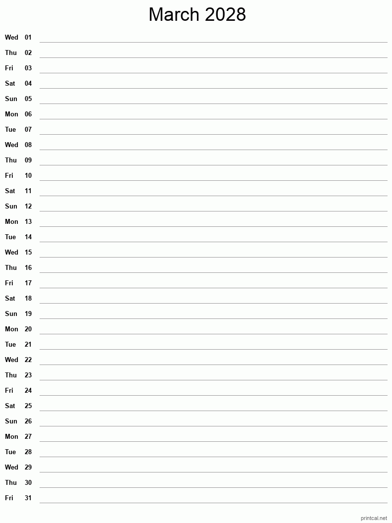 Printable March 2028 Calendar Free Printable Calendars