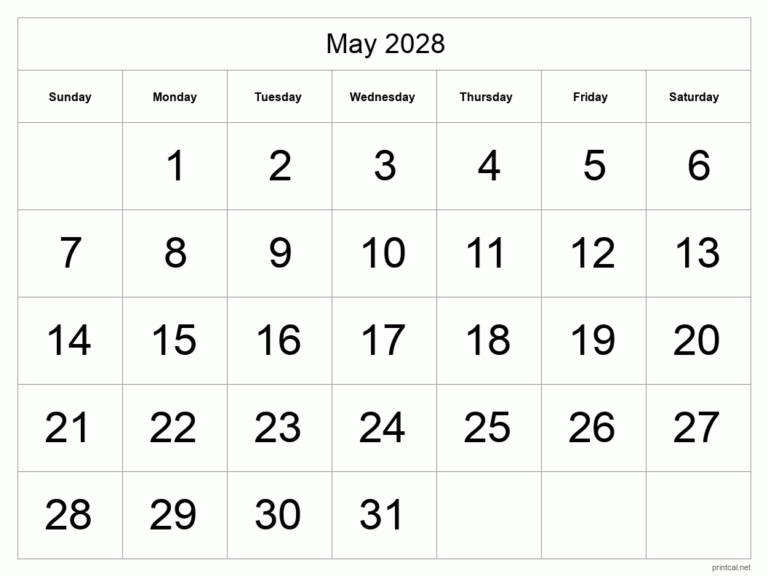Printable May 2028 Calendar Free Printable Calendars