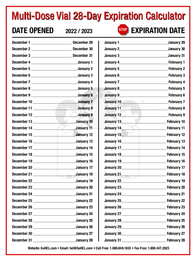 Printable Multi Dose Vial 28 Day Expiration Calendar 2024 2025 