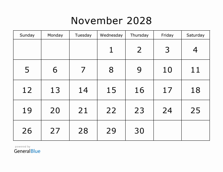 Printable November 2028 Calendar