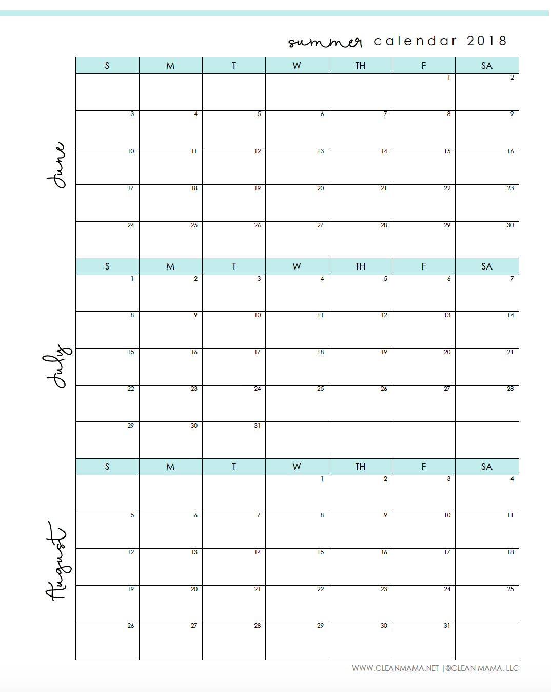 Printable Summer Calendar