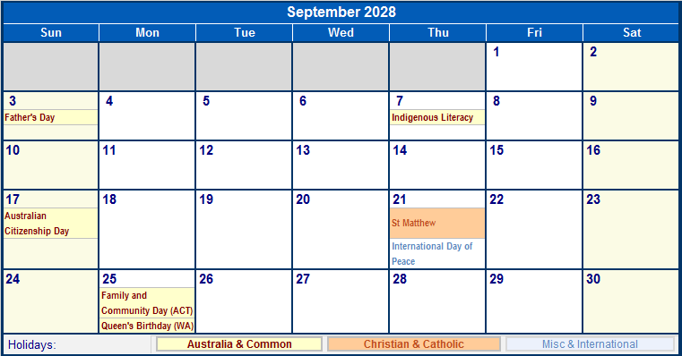September 2028 Australia Calendar With Holidays For Printing image Format