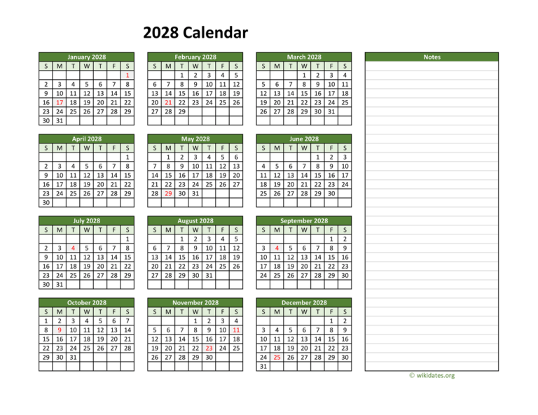 Yearly Printable 2028 Calendar With Notes WikiDates