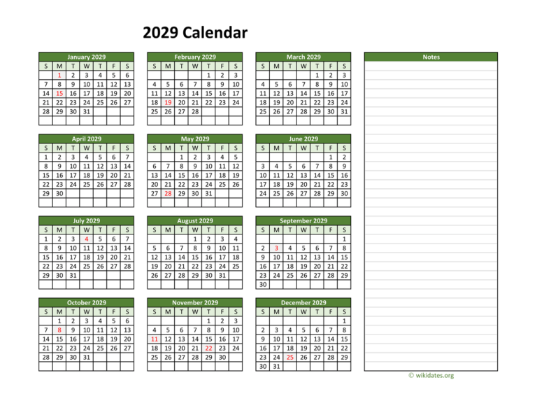 Yearly Printable 2029 Calendar With Notes WikiDates